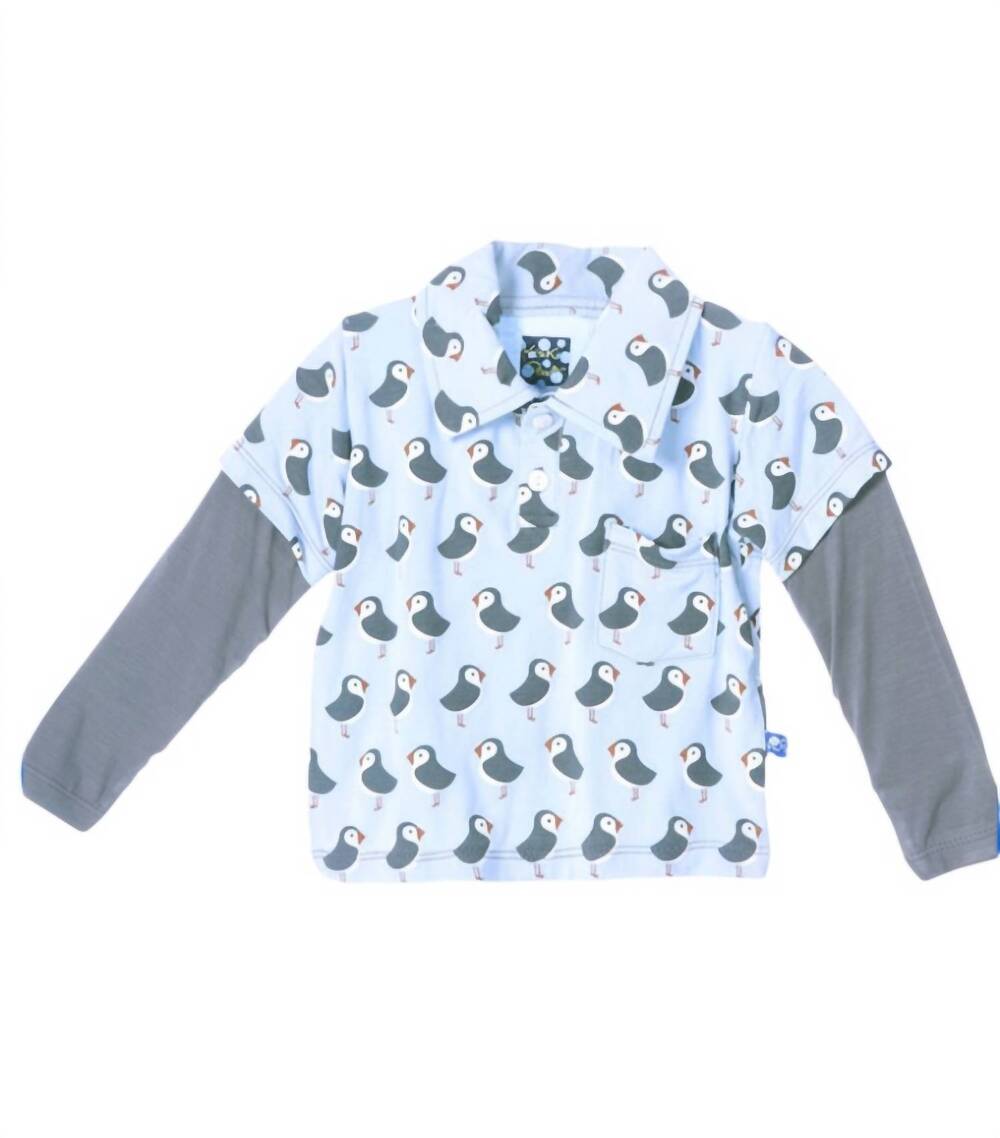 NEW KICKEE kids long sleeve double layer polo in pond puffin